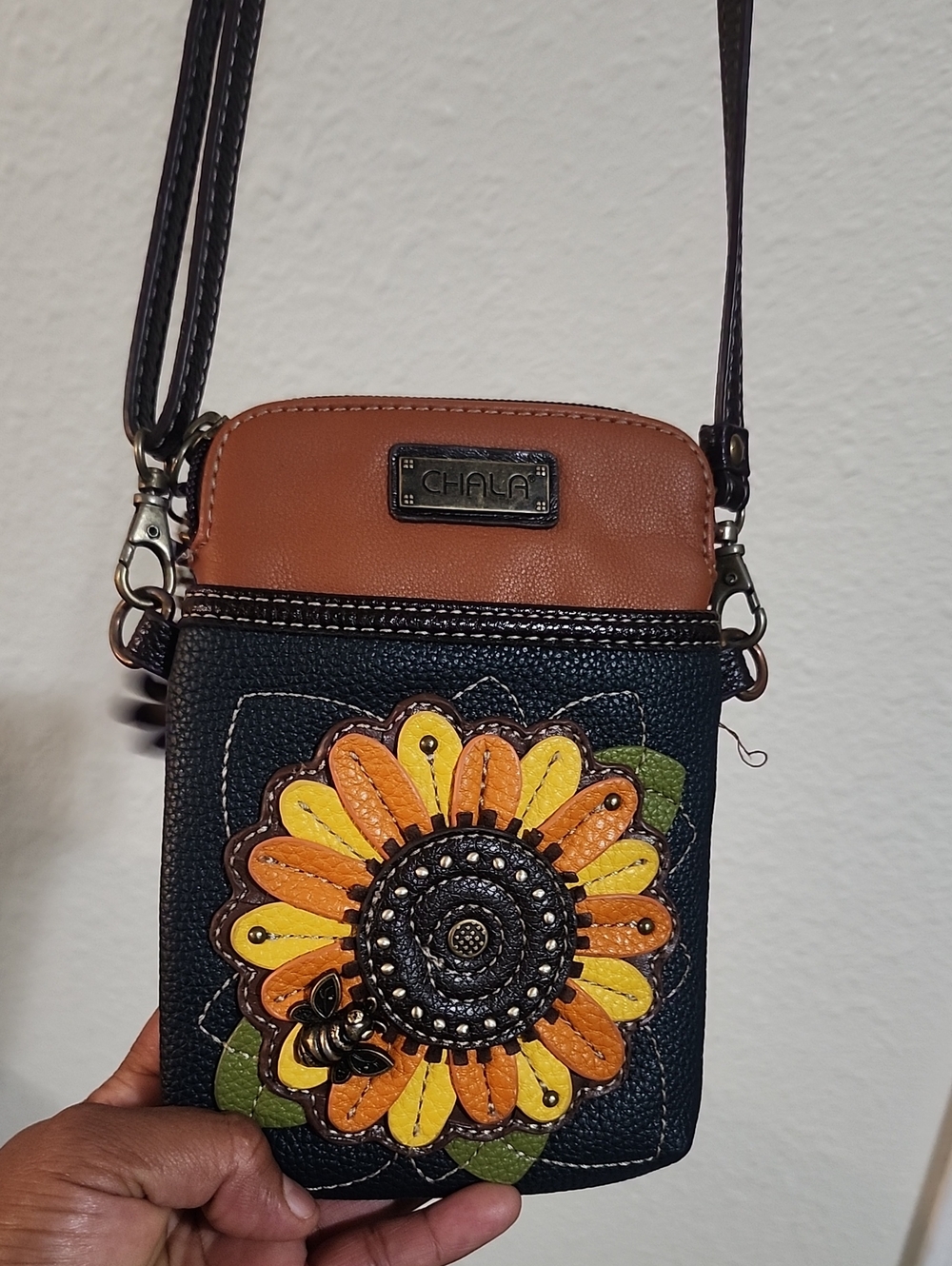 Chala Black Crossbody Bag with Brown Top and Yellow-Orange Sunflower